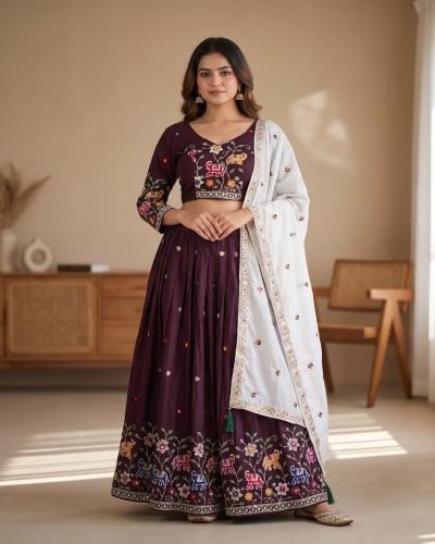 Beautiful Wine Elephant Print Gopi Dress, Perfect For Festivals, Garba & Dandiya Nights 