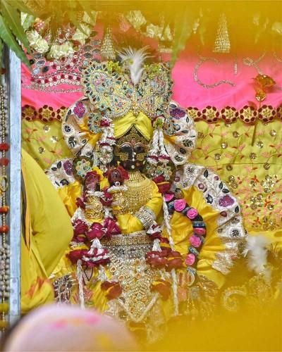Graceful Radhaballav Ji Poshak with Floral Haar and Morpankh Mukut