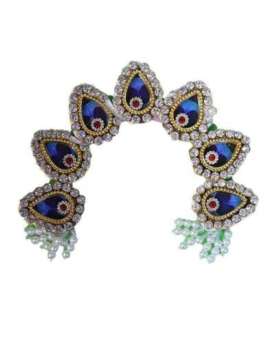Majestic Blue Peacock Eye Design Chandrika Golden Trim & Pearl Accents Deity Mukut