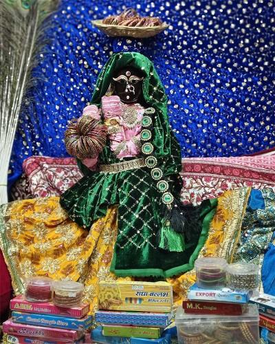 Radhaballav Ji Poshak in Green Velvet with Gold and Pink Accents