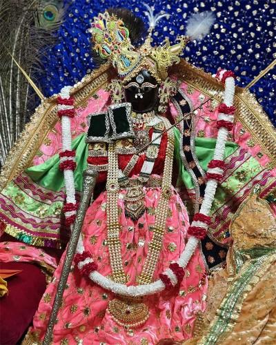 Radhaballav Ji Poshak in Pink and Green with Peacock Feathers