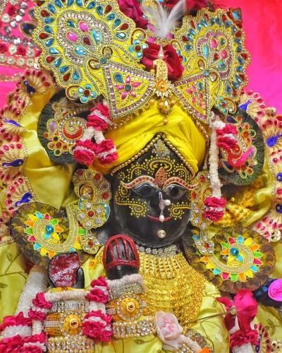 Radhaballav Ji Poshak In Yellow with Intricate Crown and Rich Floral Decorations