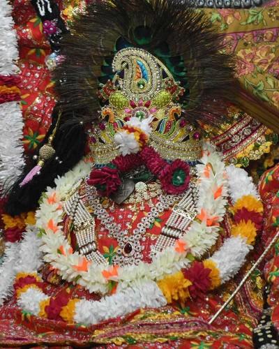 Radhaballav Ji Poshak in Red Embroidered with Floral Garland