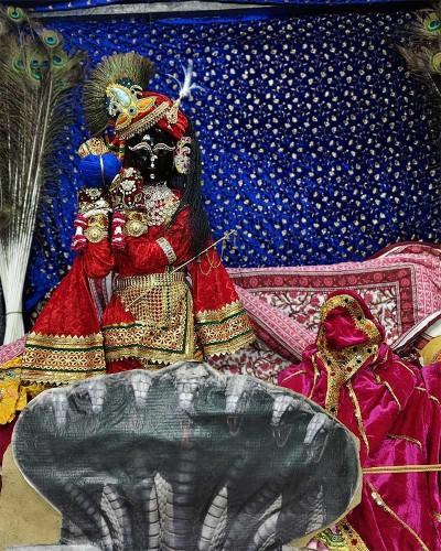 Radhaballav Ji Poshak in Vibrant Red with Peacock Feathers and Gold Accents