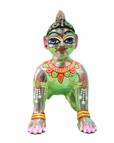Shiny Gold-Green Bal Radha Rani Murti With Red & Yellow Accents