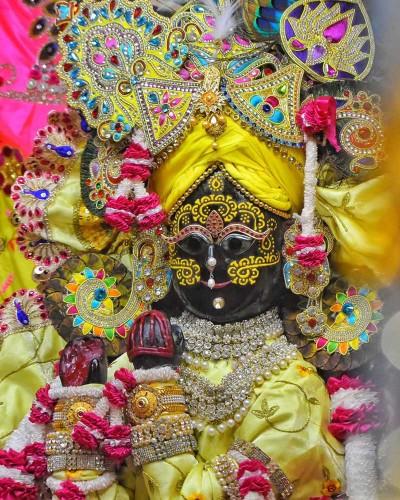 Stylish Yellow Poshak for Radhaballav Ji with Feather Crown