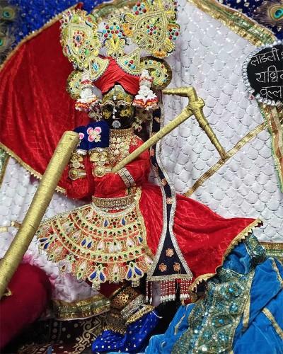 Traditional Radhaballabh Ji Poshak in Red and White with Floral Garland