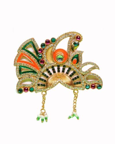 Orange And Green Kundan Stone Peacock Mukut For Laddu Gopal