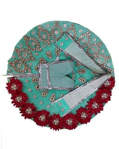 Green Laddu Gopal Dress with Red Floral Border and Silver Embroidery