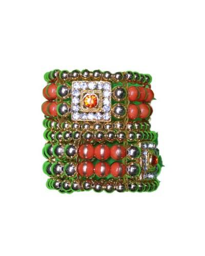 Traditional Green & Red Beaded Deity Bracelet With Square Stone Center Ethnic Kada For Krishna And Radha
