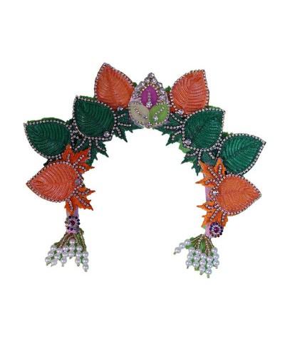Vibrant Green & Orange Leaf Chandrika For Deities Sparkling Stone & Pearl Mukut