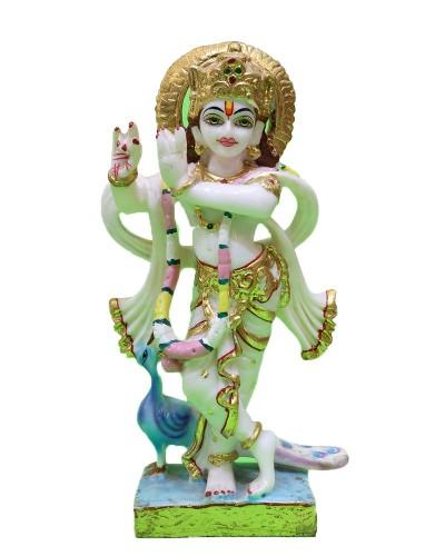 White Marble Krishna Idol With Gold Accents & Peacock Flute Playing Deity
