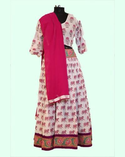 White & Pink Elephant Print Lehenga Choli Set With Dupatta