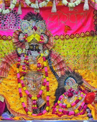 Yellow Radhaballav Ji Poshak with Golden Embroidery and Garland