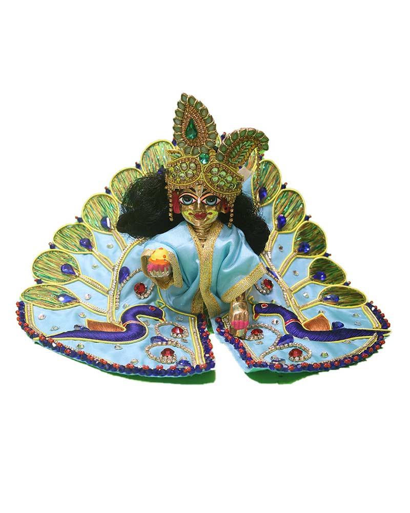 Serene Blue Laddu Gopal Idol Dressed In Peacock Design Poshak & Intricate Blue Mukut For Festivals