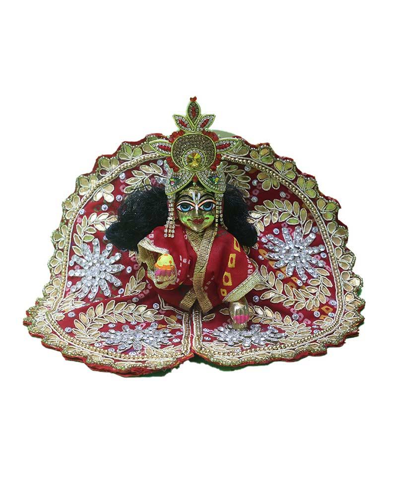 Divine Laddu Gopal With Maroon Poshak Handcrafted Idol With Gold & Red Stone Embellished Dress Divine Laddu Gopal With Maroon Poshak Handcrafted Idol With Gold & Red Stone Embellished Dress
