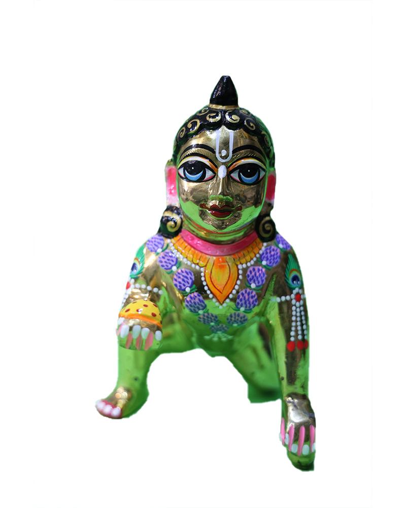 Shiny Gold-Toned Laddu Gopal Statue With Blue & Pink Accents