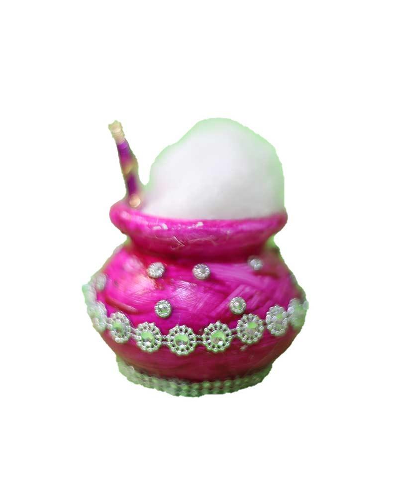 Traditional Pink Krishna Pot With Butter Replica And Intricate Gemstone Work For Festive Celebrations Traditional Pink Krishna Pot With Butter Replica And Intricate Gemstone Work For Festive Celebrations