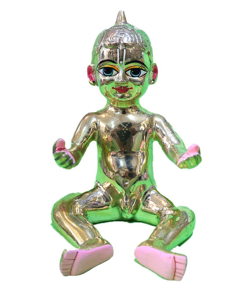 Charming Bal Gopal Statue Brass Baby Krishna In Sitting Pose With Vibrant Hand-Painted Detail Charming Bal Gopal Statue Brass Baby Krishna In Sitting Pose With Vibrant Hand-Painted Detail