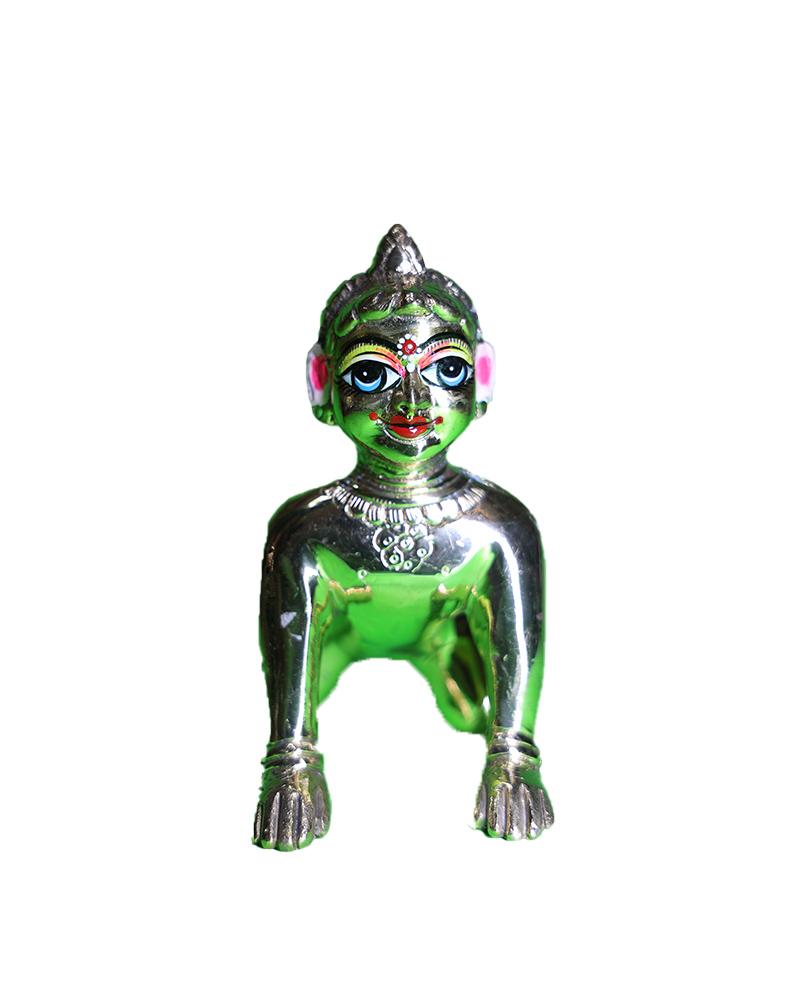 Shiny Silver-Green  Metallic Laddu Gopal Murti Crawling Baby Krishna Statue