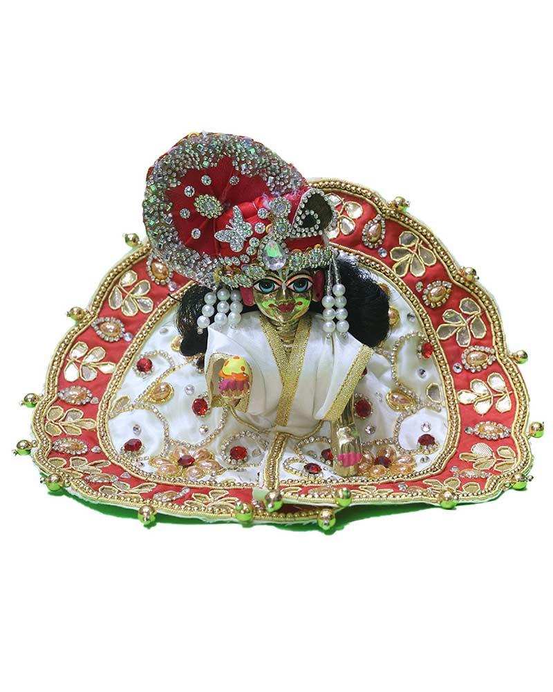 Radiant Red & White Laddu Gopal Idol Dressed In Pearl-Embellished Poshak & Regal Mukut Radiant Red & White Laddu Gopal Idol Dressed In Pearl-Embellished Poshak & Regal Mukut
