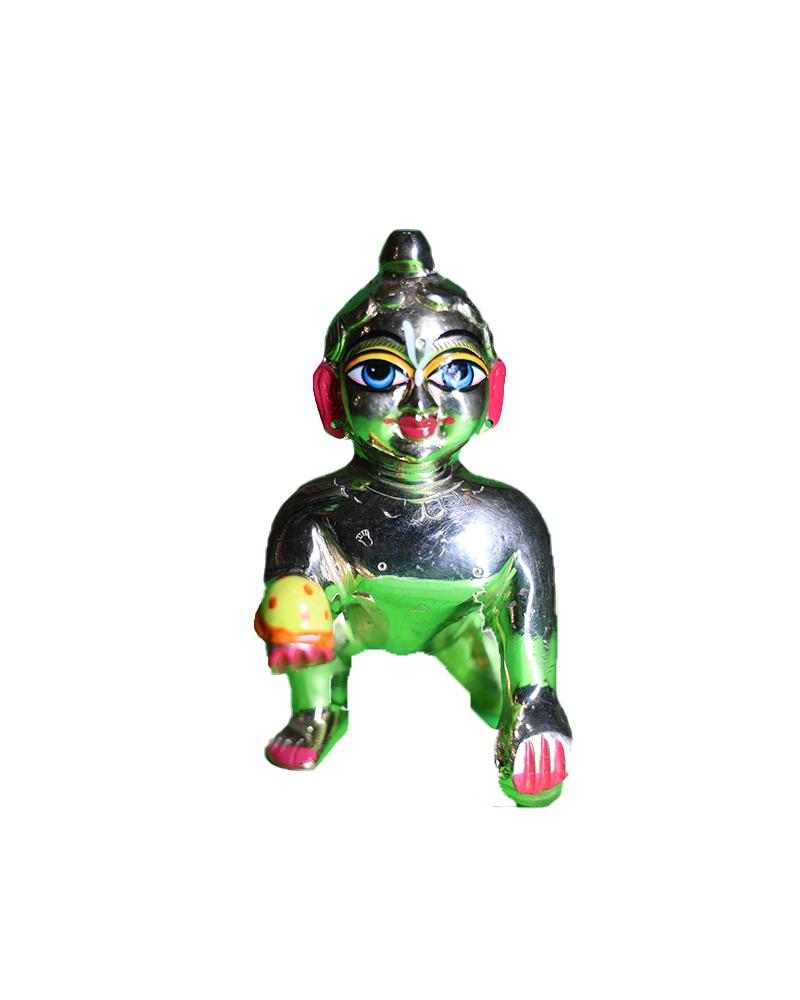 Shiny Silver-Green Baby Krishna Butter Thief Statue Playful Child Krishna Murti