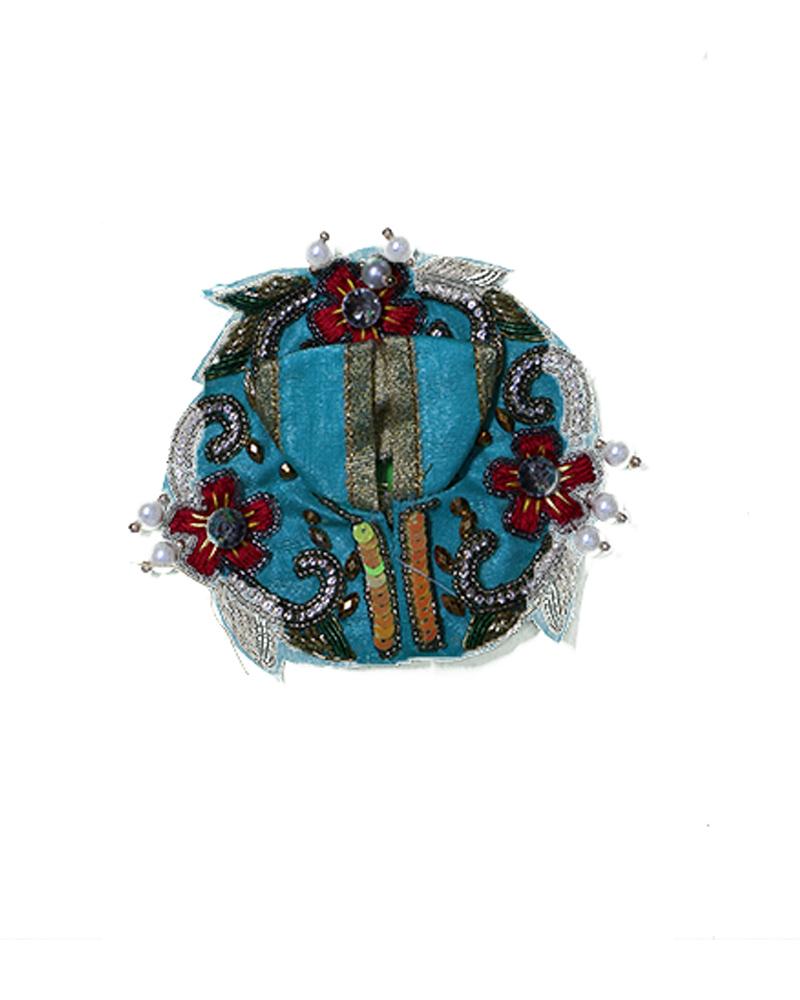 Aqua Blue Velvet Laddu Gopal Poshak With Red Floral & Silver Embroidery