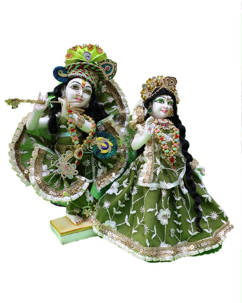 Beautifully Dressed Radha Krishna Murti Green Sequin Outfits