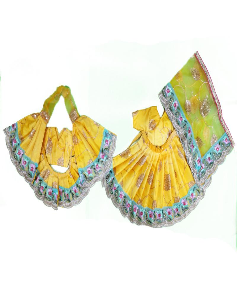 Bright Yellow Printed Radha Krishna Dress With Green Dupatta