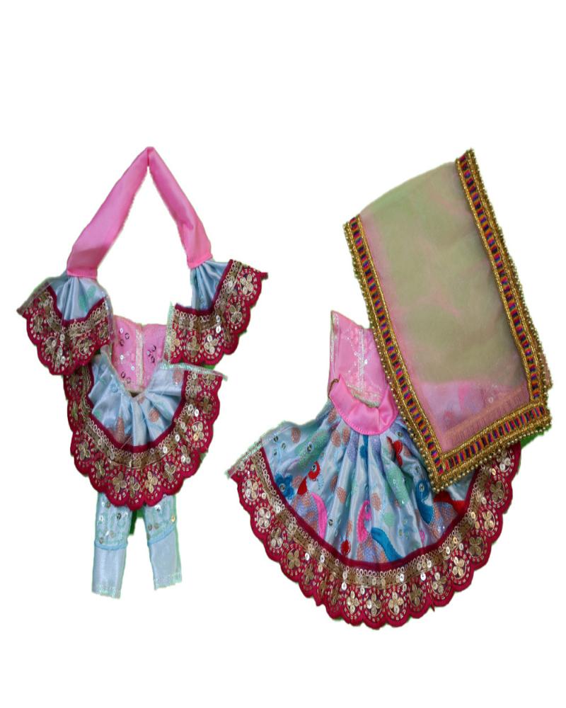 Charming Pink & Sky Blue Printed Radha Krishna Dress With Sequin Work