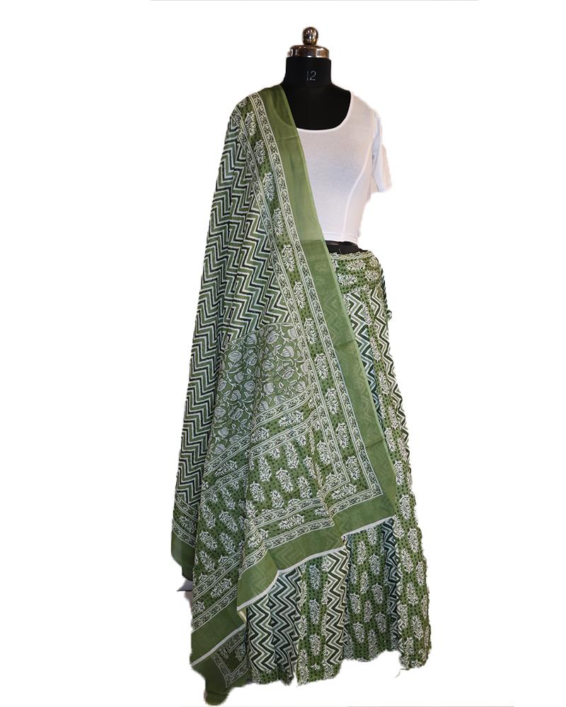 Chevron & Floral Green & White Block Print Lehenga Choli Set With Dupatta