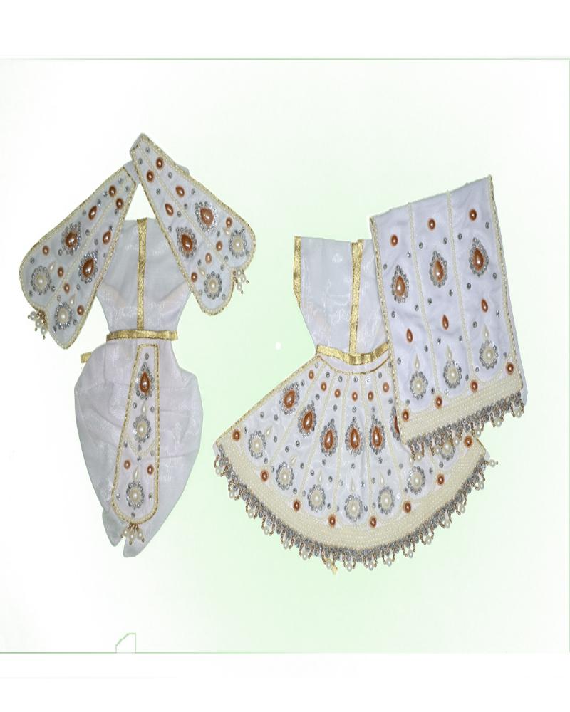 Classic White Gold Beaded Radha Krishna Dress With Pearl Work