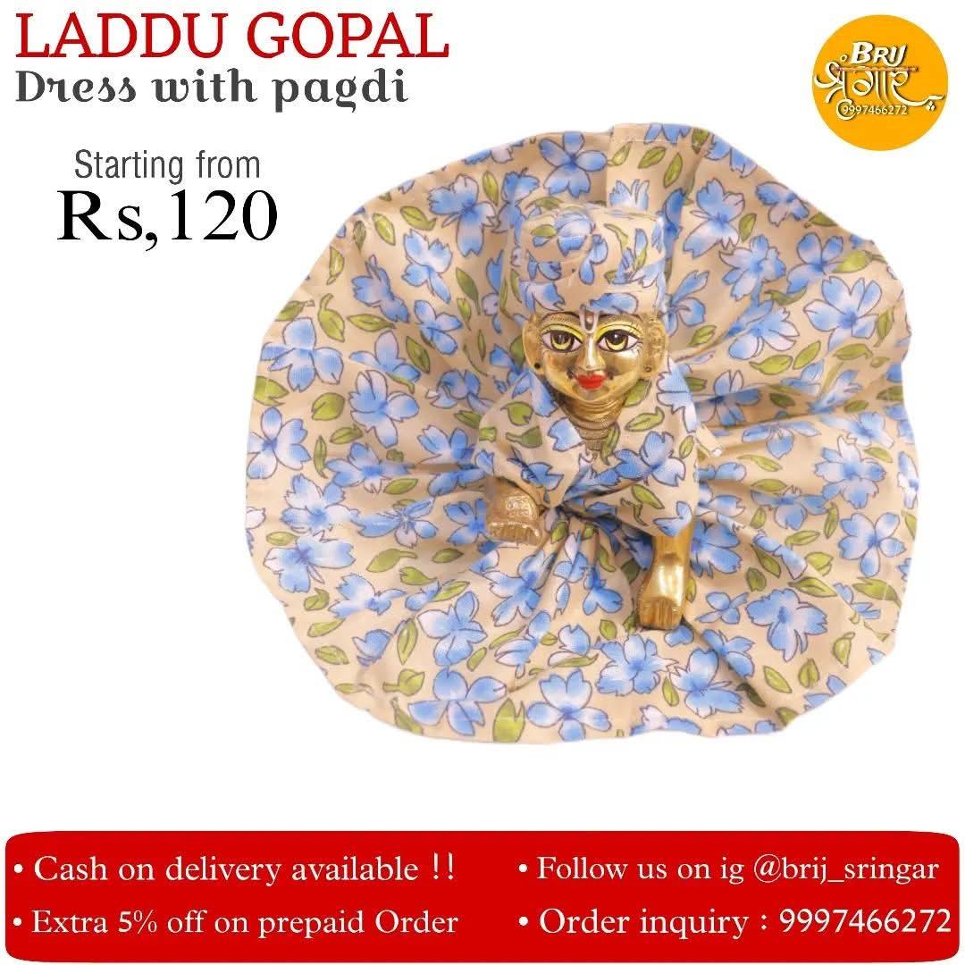 Cotton Laddu Gopal Dress with Blue Flower Motif and Pagdi Cotton Laddu Gopal Dress with Blue Flower Motif and Pagdi