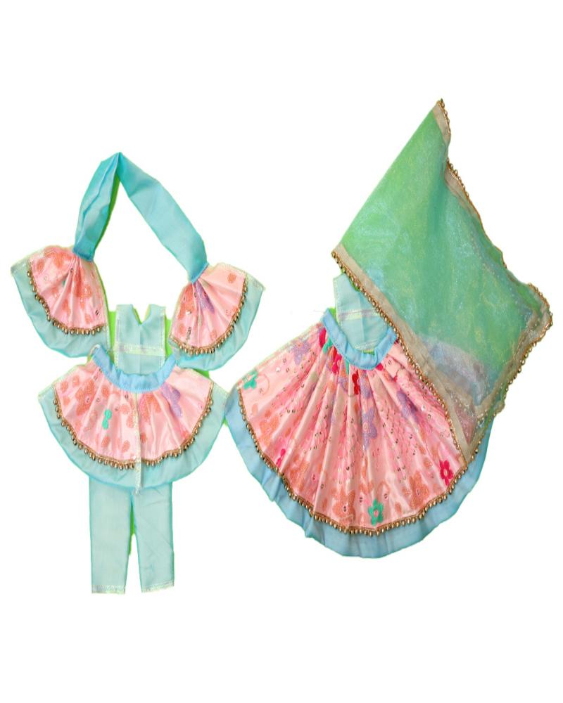 Delicate Pastel Pink & Blue Floral Radha Krishna Dress With Green Dupatta