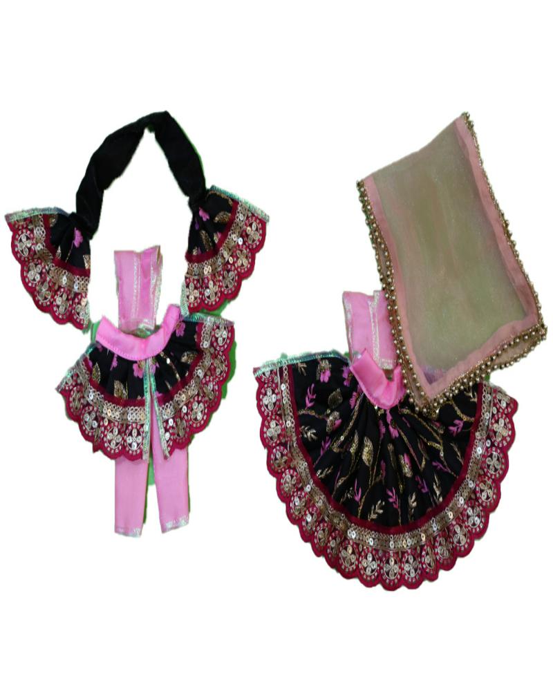 Elegant Black & Pink Floral Embroidered Radha Krishna Dress With Zari Border