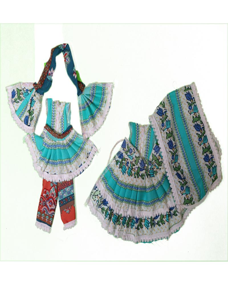 Elegant Blue Floral Print Cotton Radha Krishna Dress With Frill Detailing