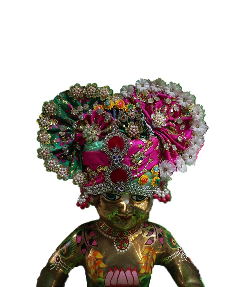 Embellished Pink & Green Laddu Gopal Pugree With Pearl Work