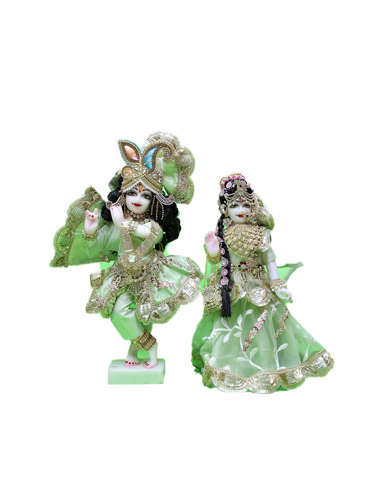 Embellished Radha Krishna Murti With Vibrant Green Attire Beautifully Adorned Gods