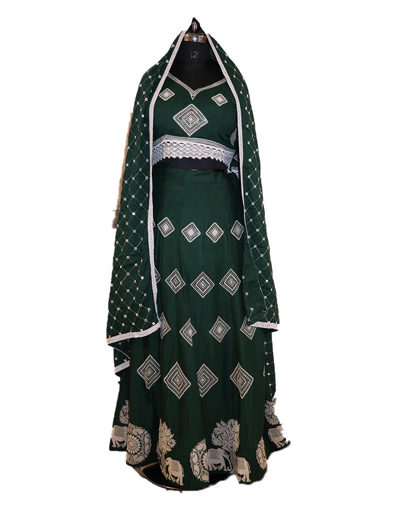 Ethnic Green Lehenga With Mirror Work & Elephant Motifs & Festive Ghagra Choli Outfit