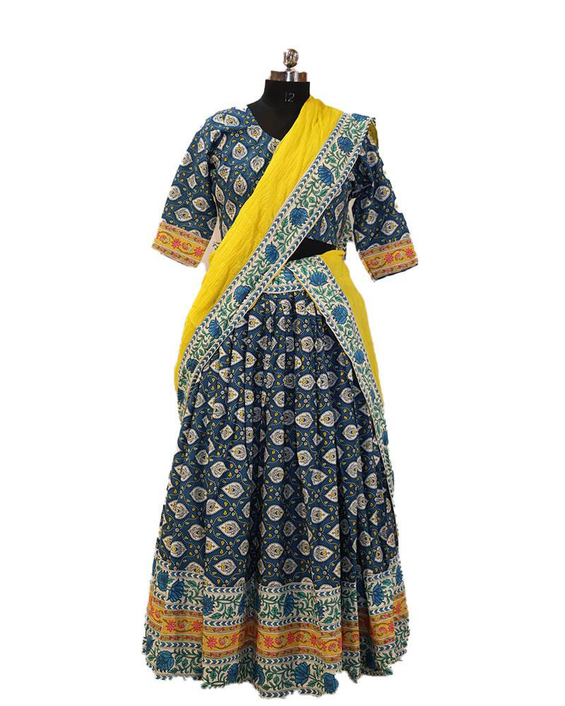 Ethnic Wear Indigo Blue & Yellow Block Print Lehenga Choli Set With Dupatta