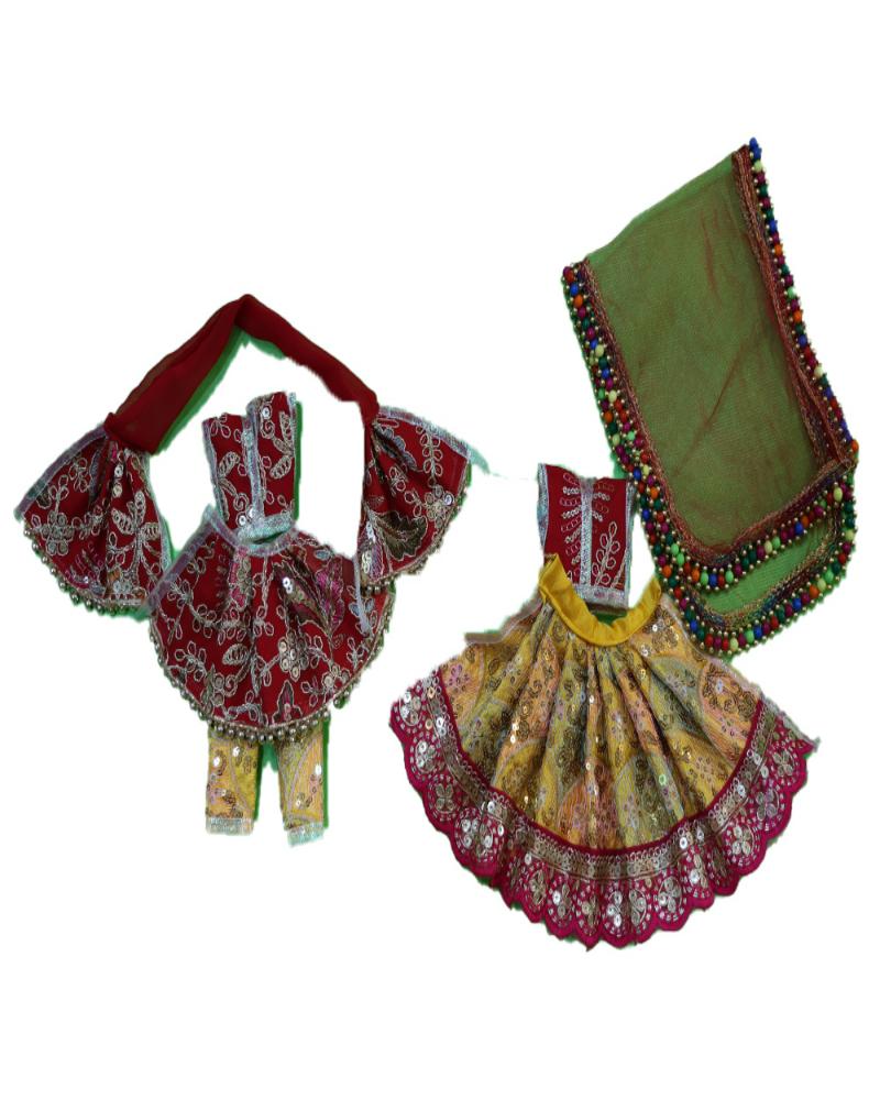 Festive Red And Yellow Radha Krishna Dress With Sequin Work And Beaded Dupatta