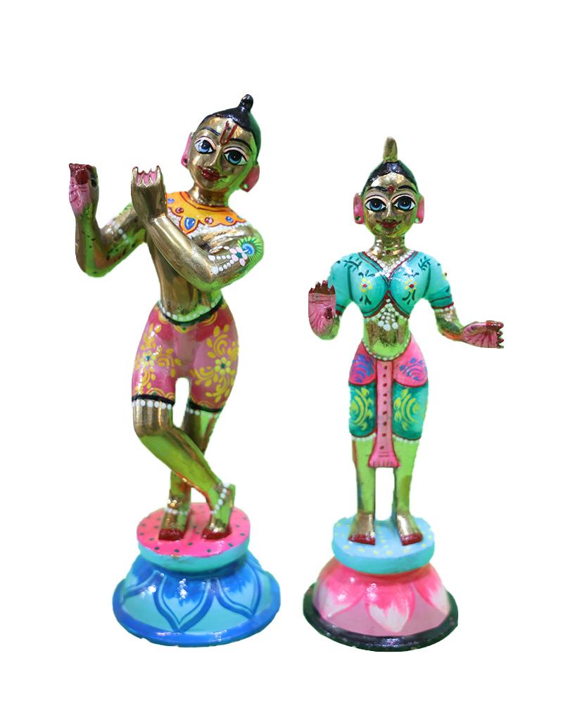 Golden Metallic Krishna & Radha Idols Hand-Painted Multicolor Details Golden Metallic Krishna & Radha Idols Hand-Painted Multicolor Details