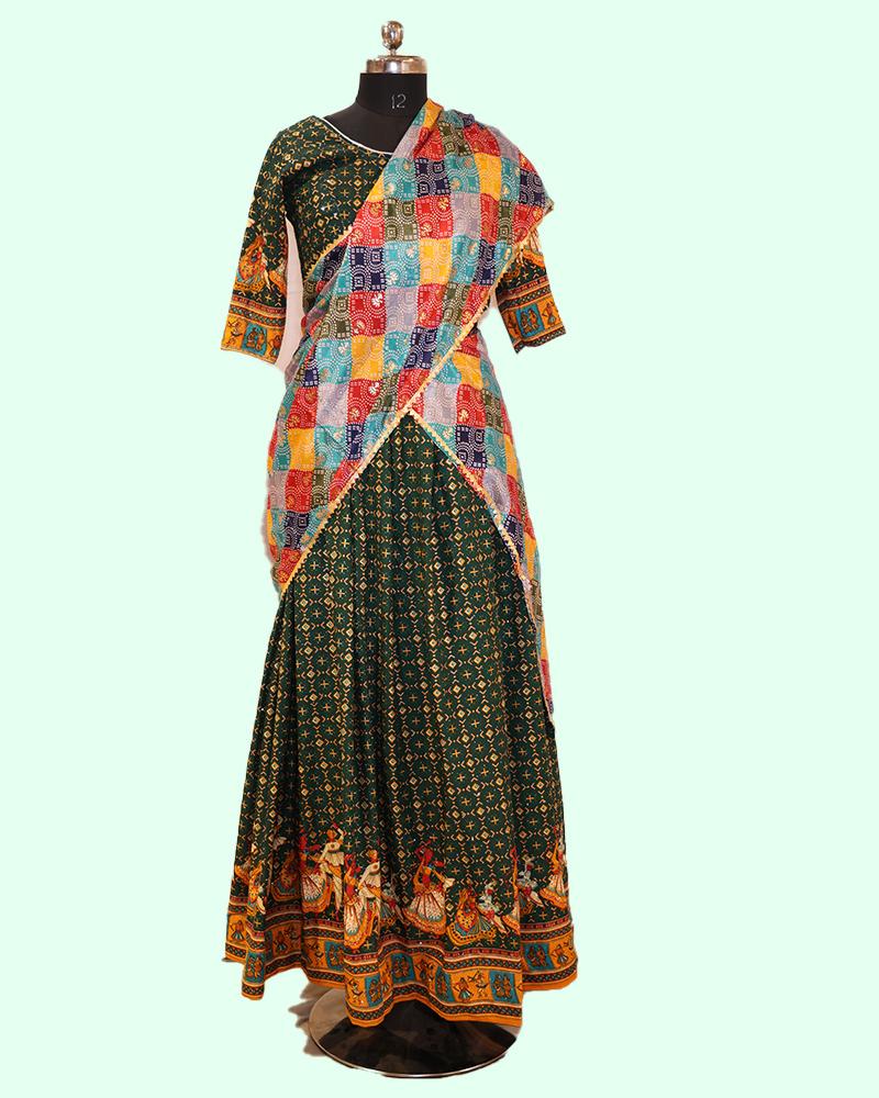 Green Ethnic Gown With Rajasthani Folk Border & Patchwork Dupatta