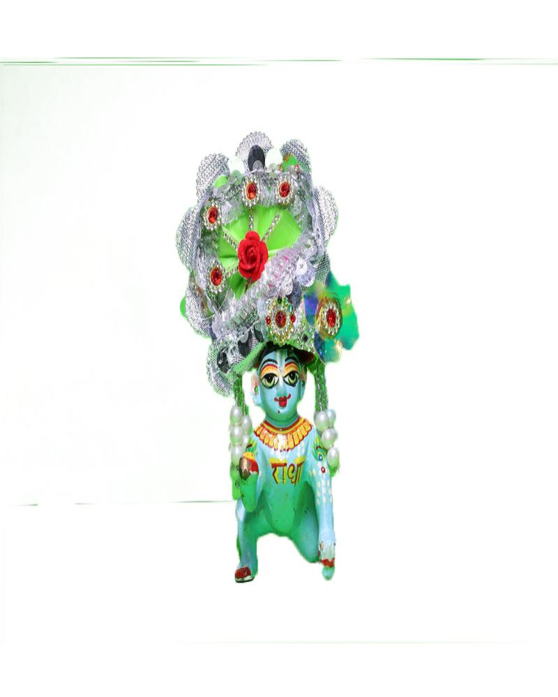Green & Silver Laddu Gopal Pugree With Red Rose And Rhinestones