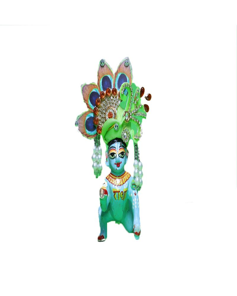 Laddu Gopal Green Peacock Feather Pugree With Pearl & Stone Work