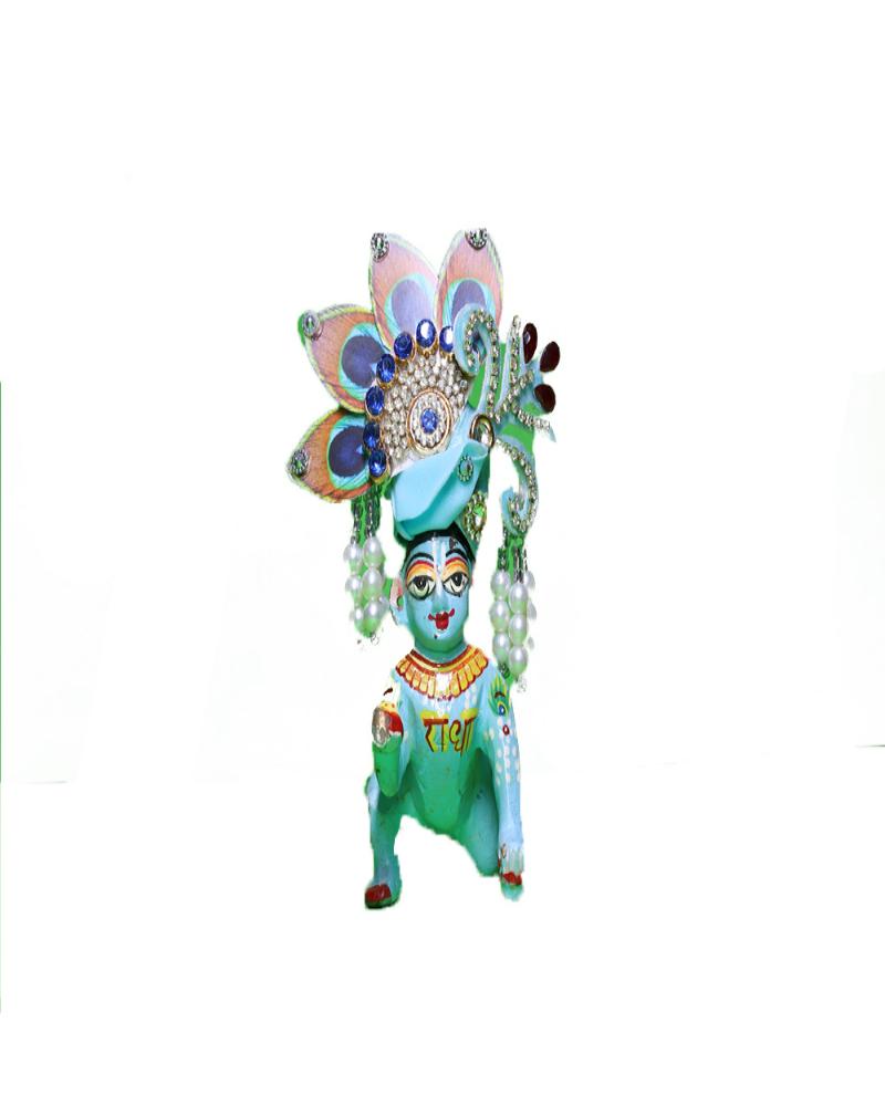 Light Blue Laddu Gopal Pugree With Peacock Feather & Pearl Drops