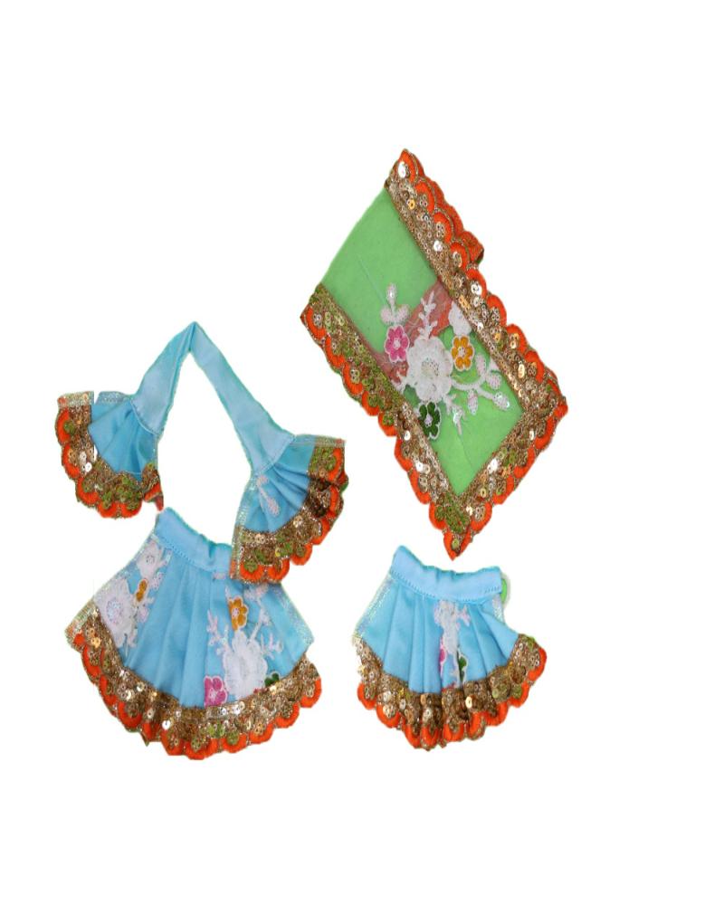 Light Blue Sequin & Floral Design Radha Krishna Dress With Orange Border