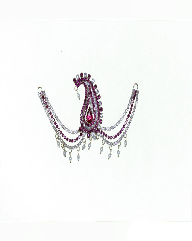 Magenta and White Stone Paisley Motif Jewelry Traditional Bridal Headpiece With Pearl Fringe