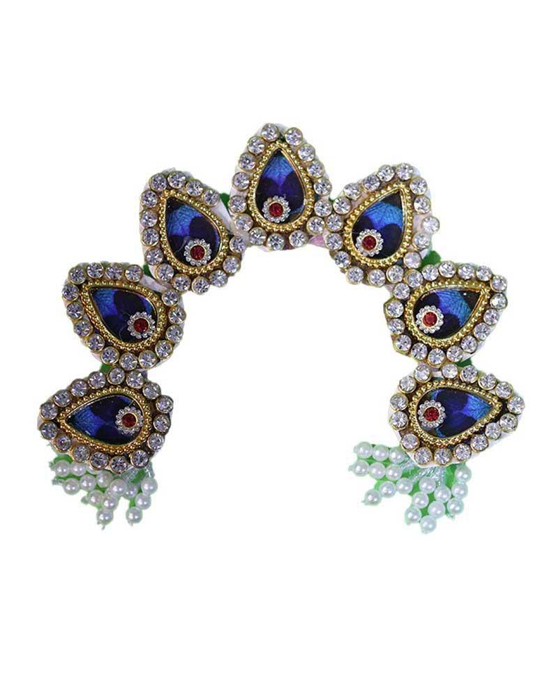 Majestic Blue Peacock Eye Design Chandrika Golden Trim & Pearl Accents Deity Mukut Majestic Blue Peacock Eye Design Chandrika Golden Trim & Pearl Accents Deity Mukut