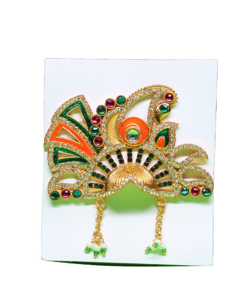 Orange And Green Kundan Stone Peacock Mukut For Laddu Gopal